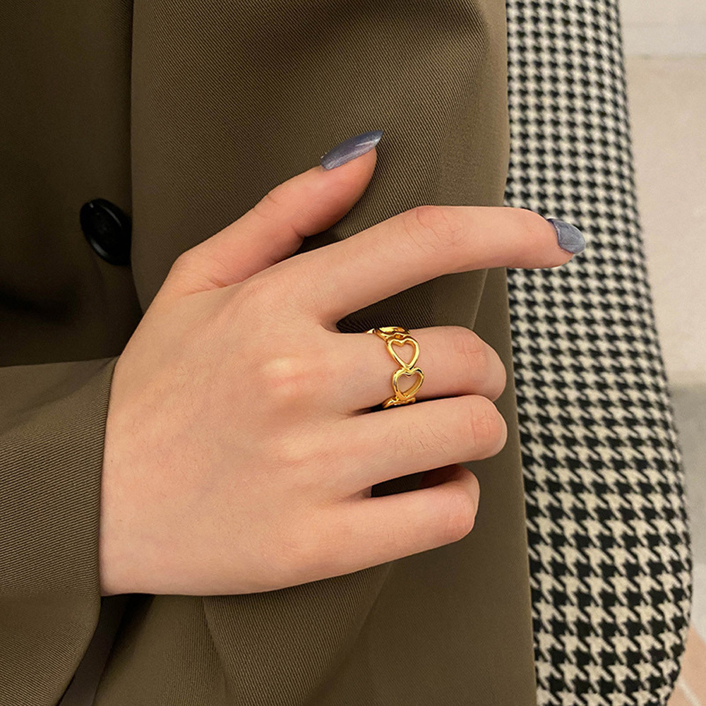 Adjustable Ring Size 1 Piece Quantity Holiday Occasion PVD Coated Real Gold Plated 16K Gold White Gold Plated Gold Plating Heart Shape 304 Stainless Steel Waterproof Non Tarnish Open Ring