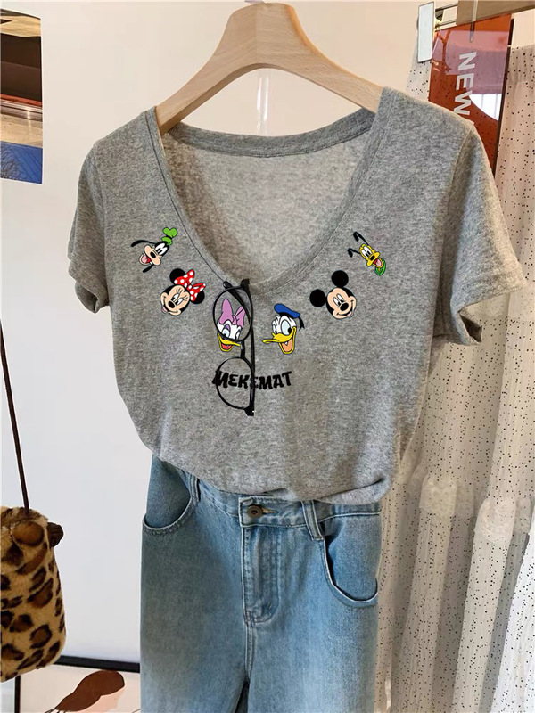 Japanese Style Youthful 2026 Spring/Summer Niche Versatile V-Neck Short-Sleeve T-Shirt for Women with Cartoon Mickey Print Trendy Top Japanese Style Youthful 2026 Spring/Summer Niche Versatile V-Neck Short-Sleeve T-Shirt for Women with Cartoon Mickey Print Trendy Top