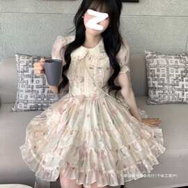 甜美减龄郁金香印花娃娃领多层裙摆连衣裙 温柔碎时尚公主裙代发