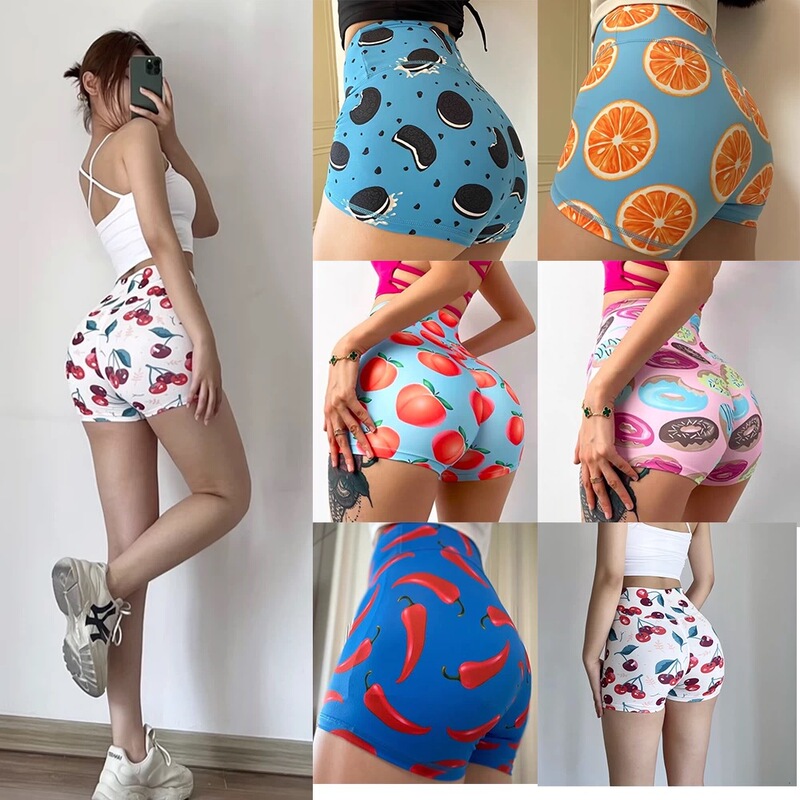 Spot Donut Fruit Print High Waist Peach Hip Yoga Shorts Women's Summer Training Fitness Sports Three-Point Pants Spot Donut Fruit Print High Waist Peach Hip Yoga Shorts Women's Summer Training Fitness Sports Three-Point Pants