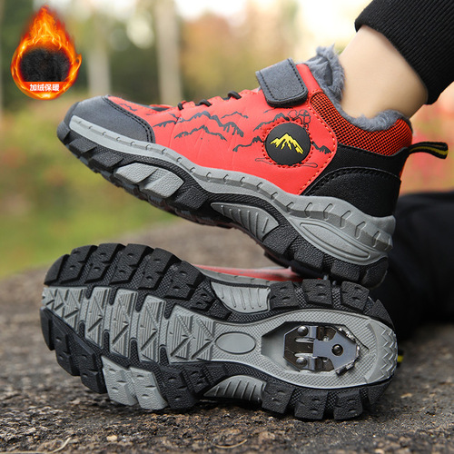 Winter boys' cotton shoes, children's fleece-lined sneakers, warm double-cotton snow boots for older children, outdoor shoes.