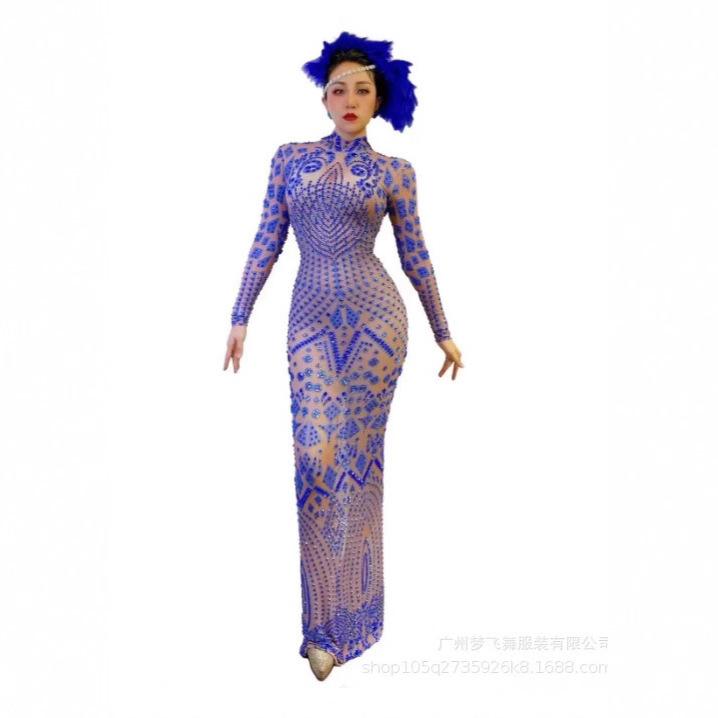 Transparent Long Dress, Sparkling Blue Rhinestones, Prom Dress, Birthday Party, Knitted Clothing