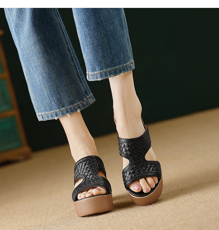 Sandal cao gót nữ đế platform đan chéo da thật gót 9 cm hở mũi — màu nâu, màu đen chi tiết 10