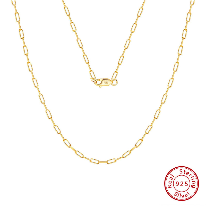 Huancai Premium Selection S925 Sterling Silver Necklace 1.8*4.2mm Paperclip Plain Chain 14K Gold Ins Hip-Hop Chain Factory