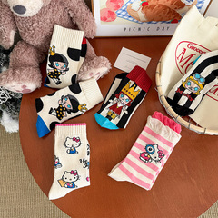 2025 Spring New Cute Women's Crew Socks with Cartoon Cat Design, Trendy Floral Edge Long Socks, Instagram Style