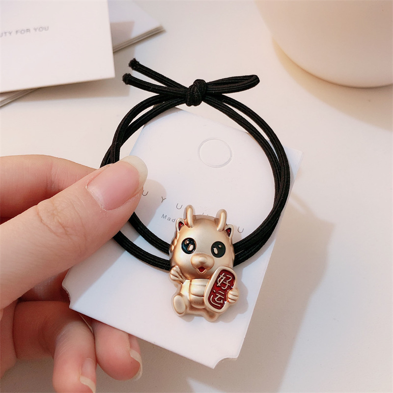 Año del Dragón Zodiaco de alta sensación metal rojo Año Nuevo anillo de cabello de alta altura cuerda elástica cuerda de cabello festiva adornos para el cabello