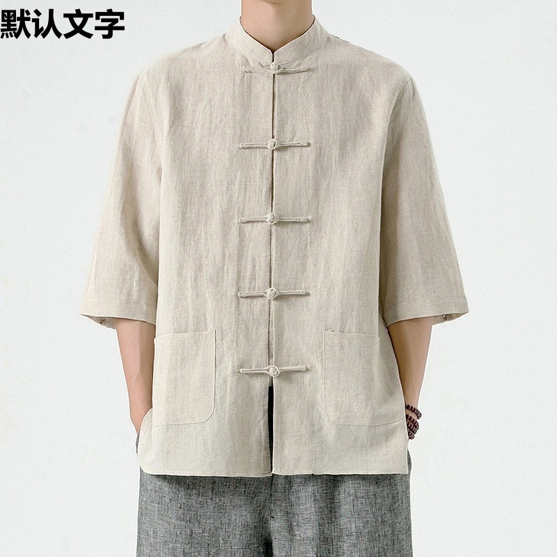 中国風メンズリネンシャツ中国風唐服綿麻メンズ七分袖シャツ夏レトロ立襟上着|undefined