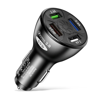 Car Charger 50W Quick Charge QC 3.0 4.0 4USB fast Charge Car Charger Car wholesale (Mobil şarj cihazları) - 4usb-fast-charge-black-opp-bag