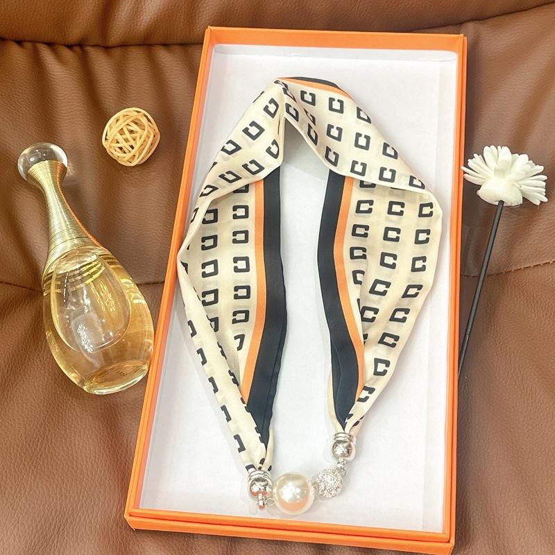 Live broadcast new spring and autumn magnet buckle scarf women's pearl necklace long scarf hair band decorative small scarf wholesale