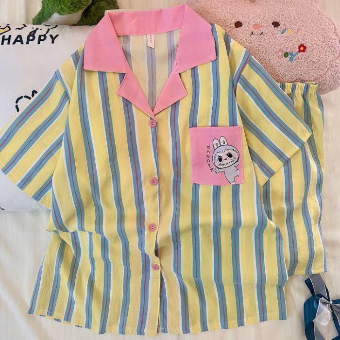 Vietnam transfronterizo al por mayor pijamas de verano mujeres nubes algodón de manga corta pantalones cortos traje cardigan dibujos animados lindo traje de servicio a domicilio