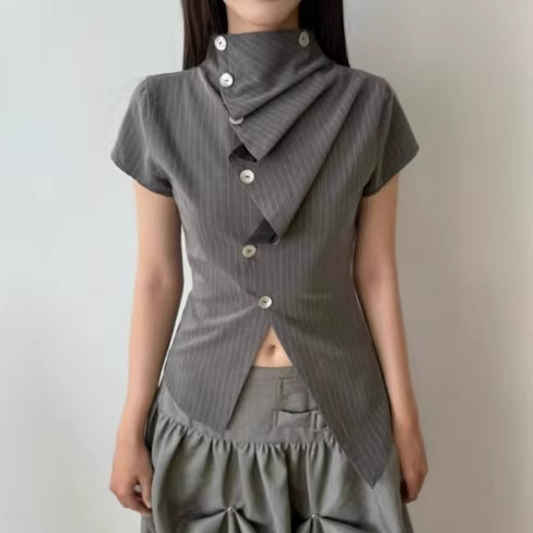ins夏季新款优雅新国风女装设计感褶皱系扣小众百搭休闲条纹短袖T