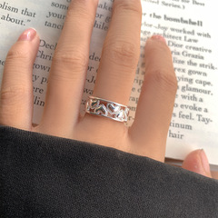 Lan Zhi Love Engraved Wide Band 925 Silver Ring for Women, Ins Cool Style Personality Fashion Open Snowflake Silver Ring