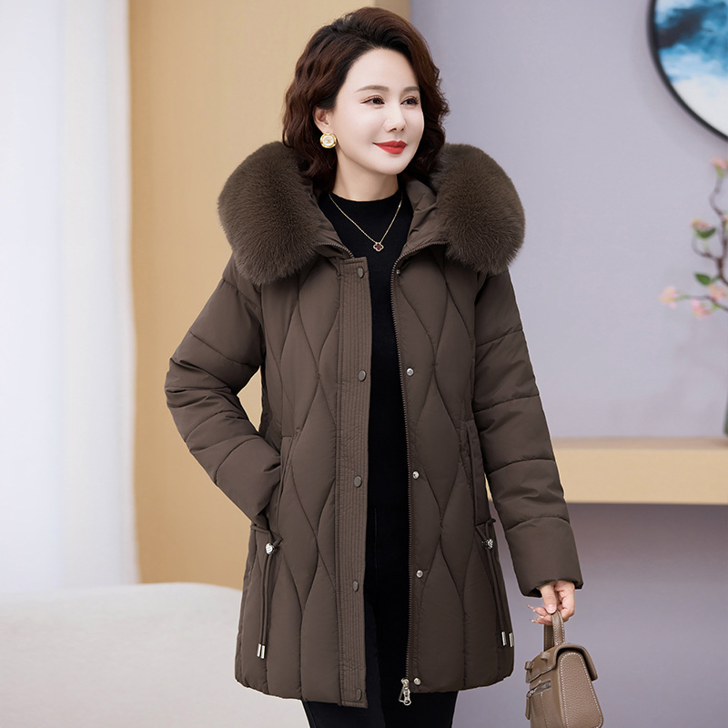 Ropa de mujer de mediana edad, abrigo de algodón de invierno, madres jóvenes vestidas con cuello de cabello grande, chaqueta de algodón gruesa media y larga image 7