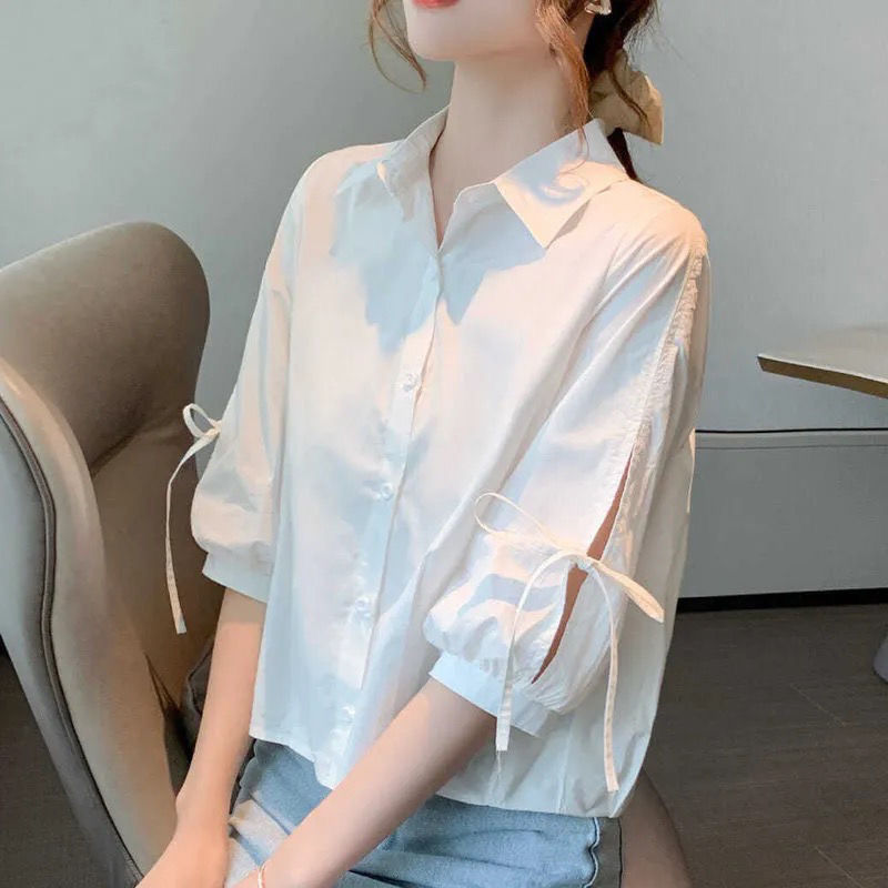 Elbow sleeve shirt 2022 summer new pattern Easy ventilation jacket bishop sleeve shirt Korean Edition Versatile