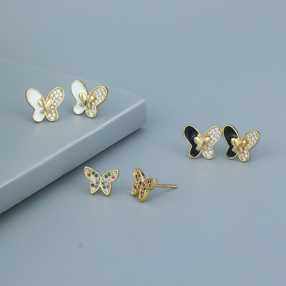 Retro Butterfly Copper Ear Studs Zircon Copper Earrings display picture 3