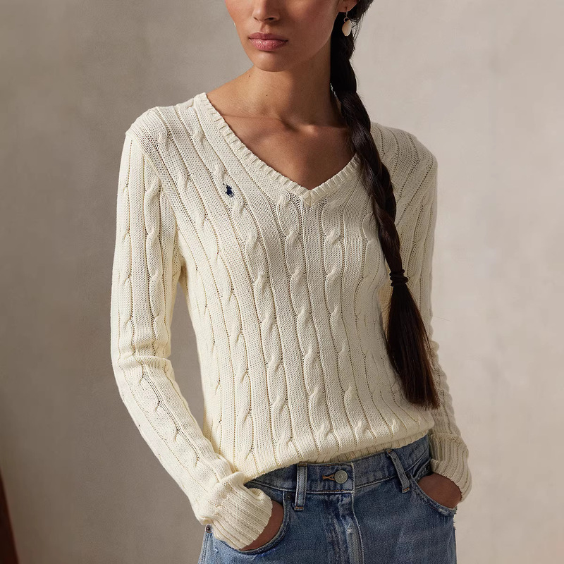 Raff's Classic Cable-Knit 100% Cotton V-Neck Embroidered Twist Knit Sweater, Vintage Solid Color Top for Women