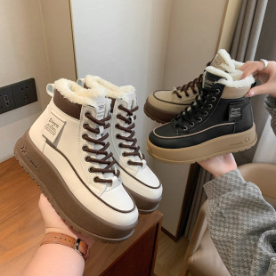 2025 Winter New Style Ins Korean Version High-Top Fleece-Lined Martin Boots for Female Students Thick-Soled Casual Shoes Warm Kt2811