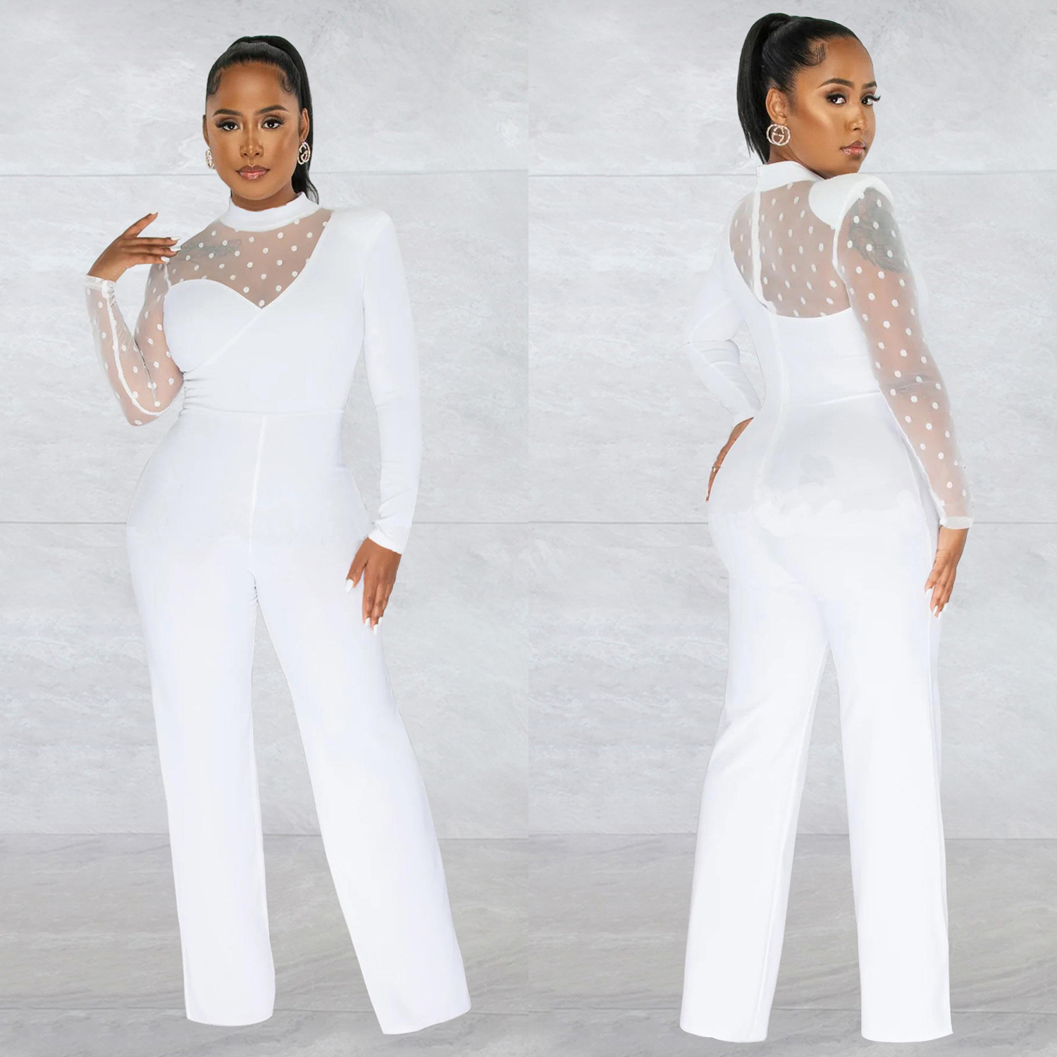 Women's Clothing fashion women's polka dot mesh see-through long-sleeved trousers solid color jumpsuit_voghion.com