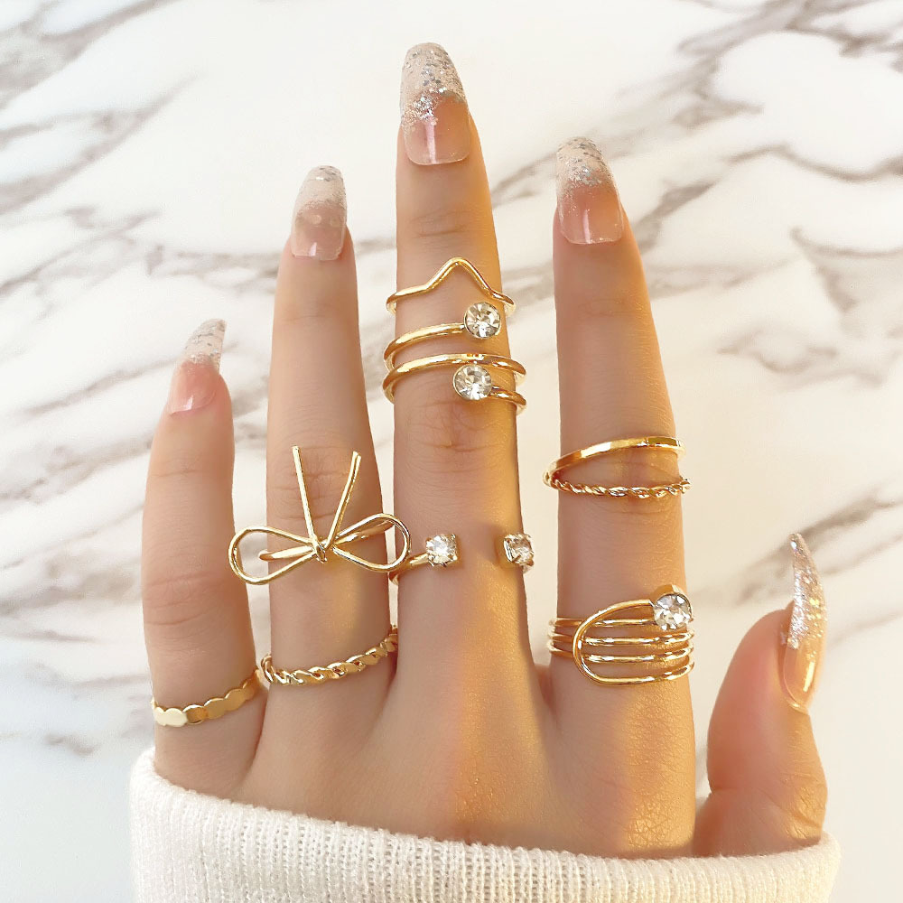 Cross-Border Hot Selling Personalized Ins Cool Style Ring Set for Women European and American Retro Twist Butterfly Joint Ring 8-Piece Set