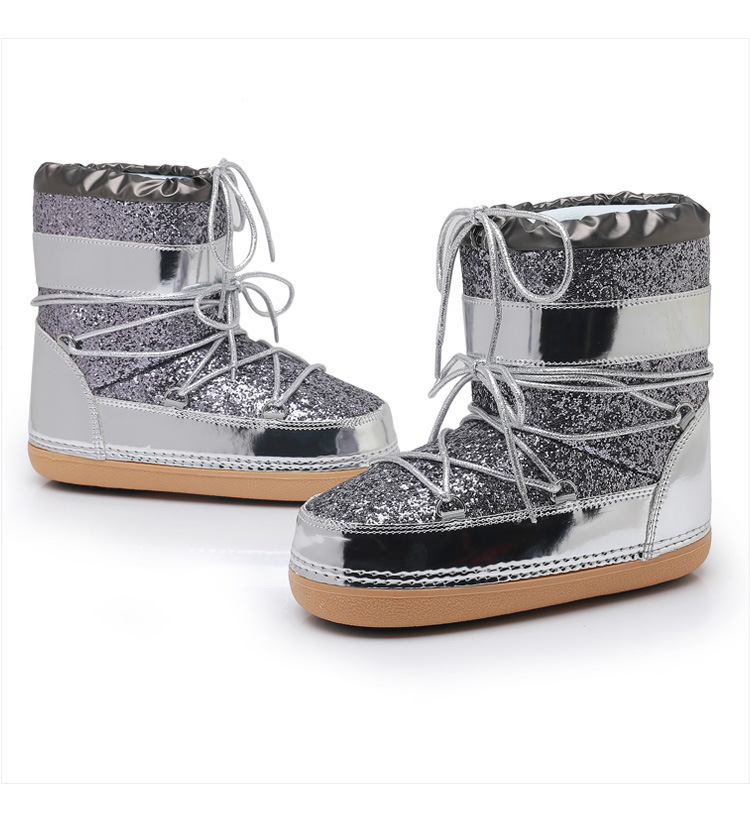 NOKOMETA European And American Winter Space Boots Platform Sequined Bread Short Boots Snow Boots Women's Tide Ski Shoes Straps 2025_voghion.com