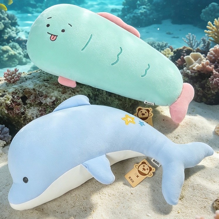 Verano helado delfín almohada de rayas largas marionetas pescado muñecas niños dormir en la cama almohada regalar piernas almohada novia
