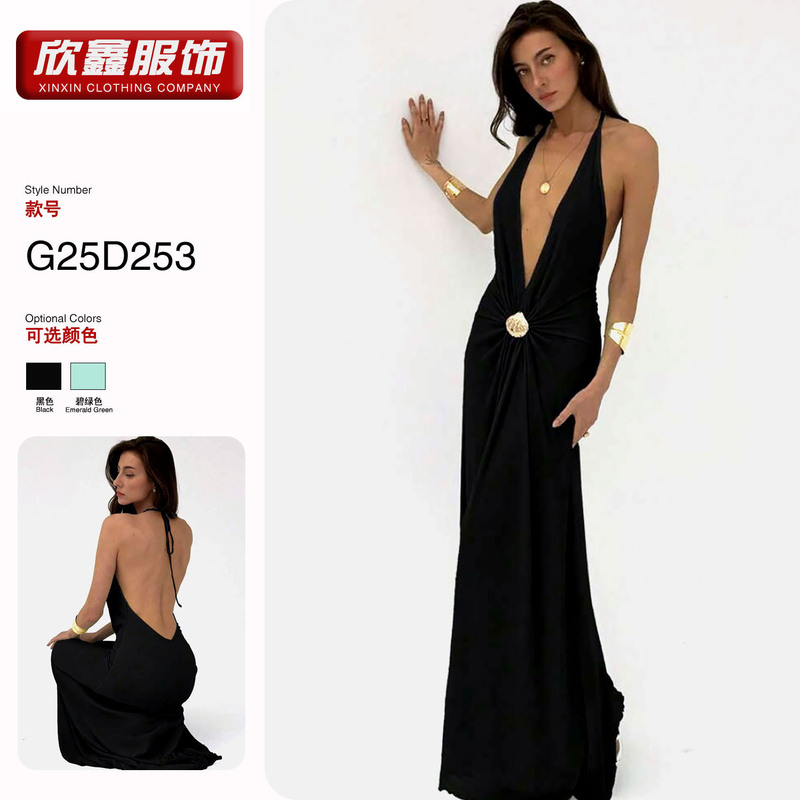 European and American Style Foreign Trade Halter Neck Deep V Backless Waist-Cinching Long Dress, Cross-Border Women's Evening Gown, Slimming Long Dress European and American Style Foreign Trade Halter Neck Deep V Backless Waist-Cinching Long Dress, Cross-Border Women's Evening Gown, Slimming Long Dress