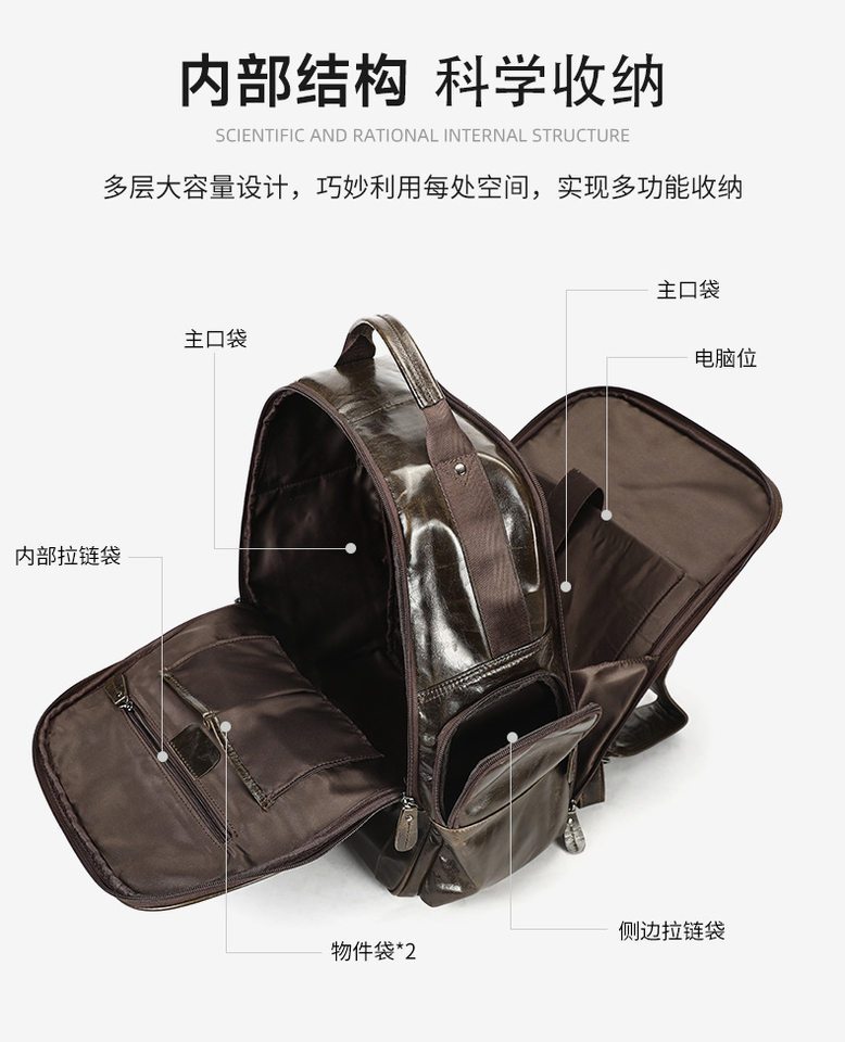 Ba lô da thật đầu da bò cao cấp nam tính, ba lô công tác du lịch đựng laptop 16 inch — 2318 Đen (hoa văn vải), Màu cà phê (da dầu) chi tiết 14