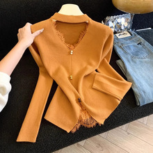 秋冬针织毛衣女设计感百搭打底衫蕾丝挂脖时尚显瘦长袖上衣A9084
