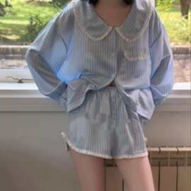 2026春夏新款韩系简约条纹花边长袖短裤家居服套装可外穿