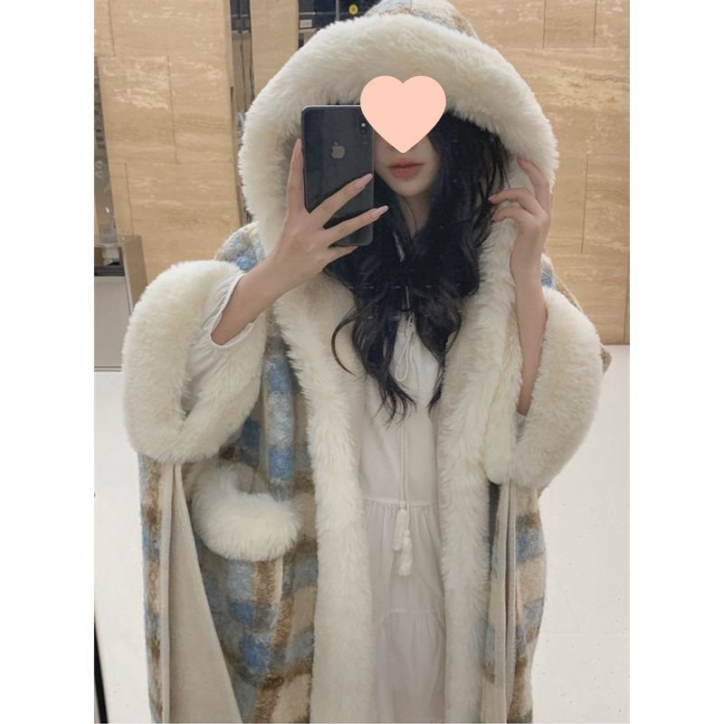 (2개) 가을과 겨울 빈티지 체크 무늬 목도리 코트 가을과 겨울 새로운 도착 디자인 센스 패션 기모 여성용 두꺼운 모직 카디건 코트