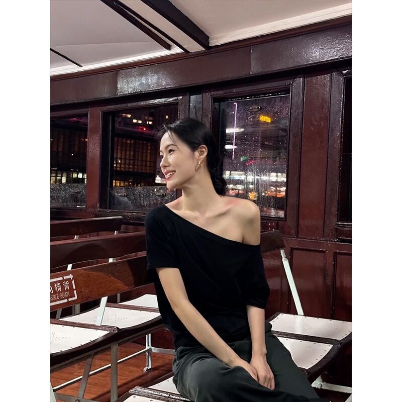 灰色慵懒风一字肩短袖t恤女韩版ins遮肉显瘦高级甜辣斜肩薄款上衣|undefined