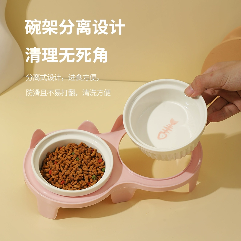 Кошачья миска керамическая миска для кошачьего корма миска с рисом двойная миска диагональная порта рот собачья миска поить воду для защиты позвоночника против опрокидывания принадлежности