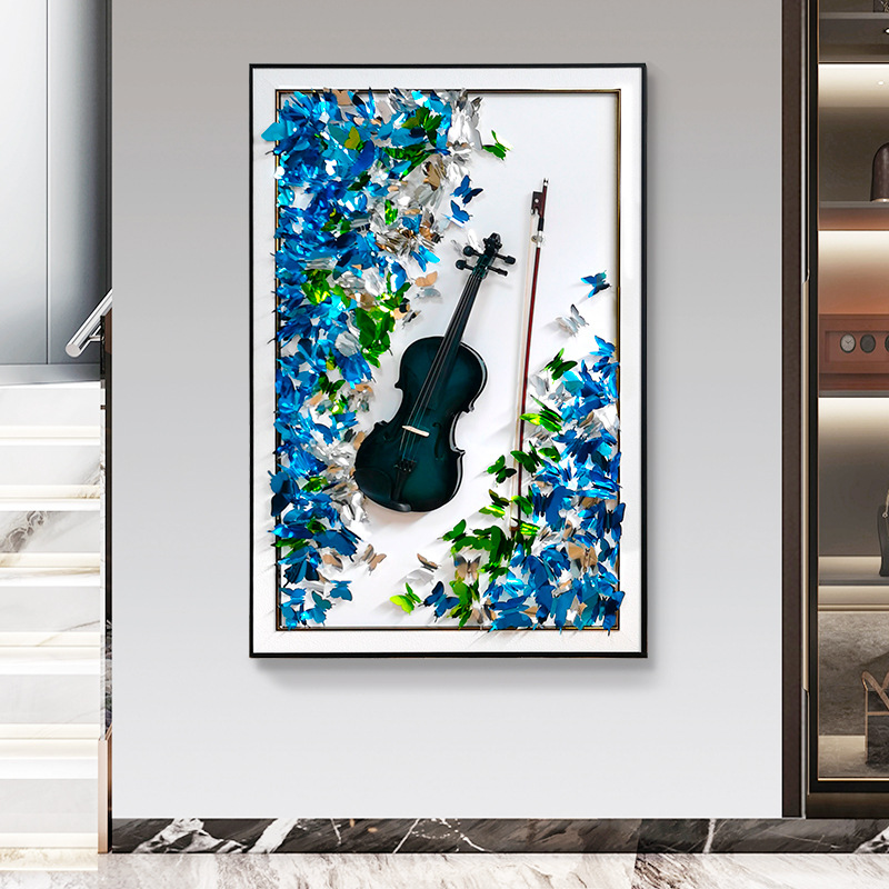 Pintura colgante de violín Hecho a mano Mariposa tridimensional Entrada de cuero Pasillo Pasillo Pintura decorativa Mural atmosférico de alta gama