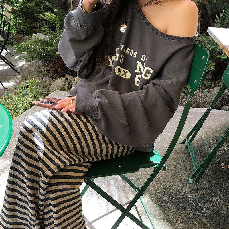 In-Stock 2026 Korean Spring New Casual Loose Solid Color Printed Early Autumn Sweatshirt for Women