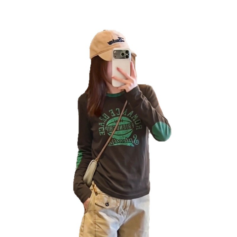 여성 가을겨울 빈티지 레터링 프린트 긴팔 티셔츠 슬림핏 데일리 이너 상의
