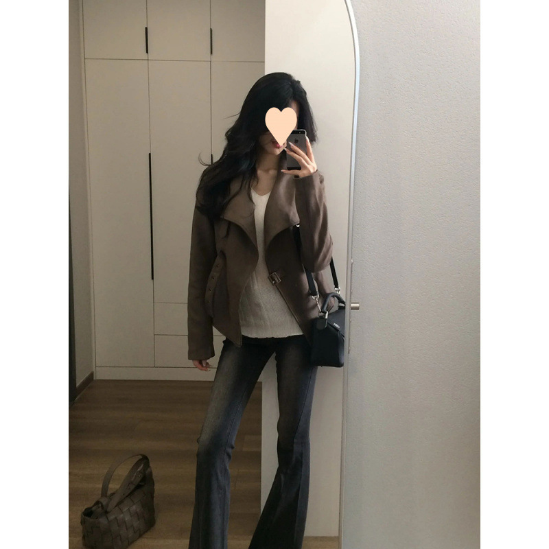 レトロストリートスタイルメイラードラペルジャケットトップ女性のための 2025 春の新しい甘いクールなハンサムなレザージャケット|undefined