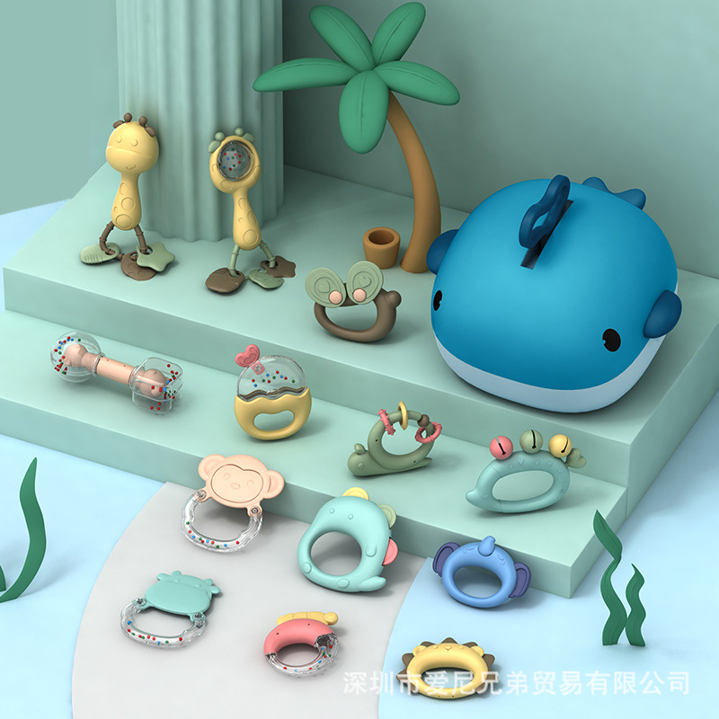 Baby Teether Rattle Can Be Boiled Hand Rattle0-1 Year Old Children's Toy Whale Storage Box Baby Teether Set
