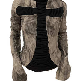 甜酷辣妹复古十字架设计感T恤女 美式街头长袖跨境亚文化朋克上衣