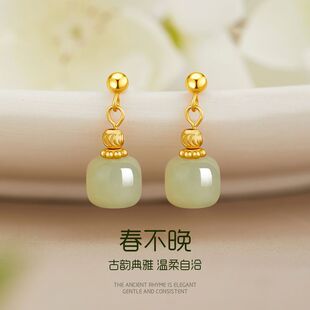 天然和田玉耳钉女S925纯银小众轻奢高级感玉石耳坠新中式古风耳饰-阿里巴巴