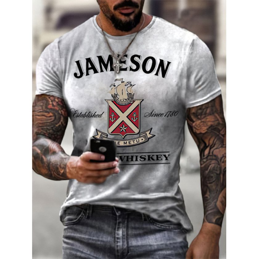 新款詹姆斯爱尔兰威士忌印花短袖 男士休闲运动3DT恤潮流宽松男装