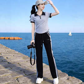 棉的欧洲站运动套装女新款夏季时尚洋气半拉链翻领短袖两件套显瘦