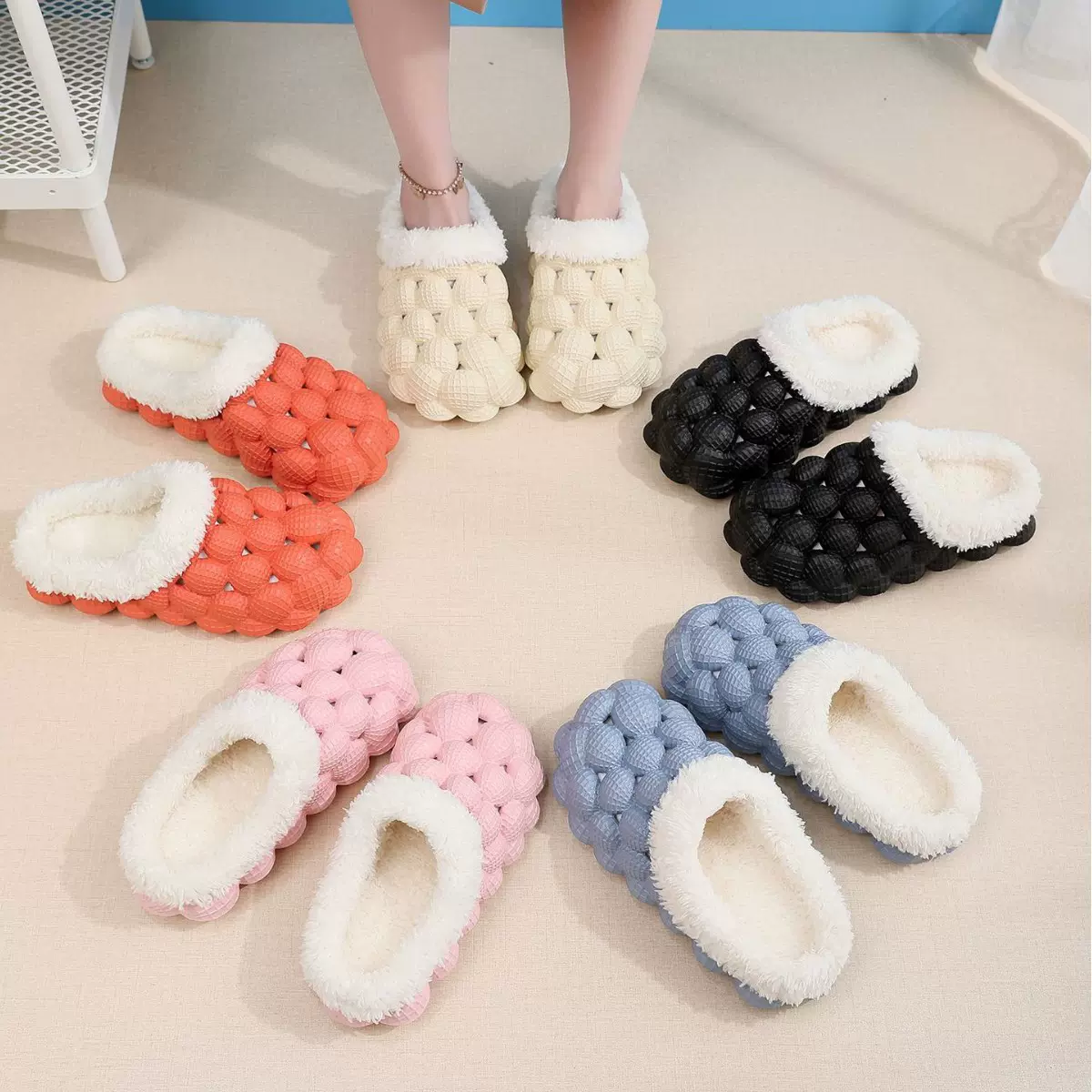 工厂批发秋冬棉拖款荔枝泡泡软底厚底可爱防滑保暖毛毛棉拖鞋男女