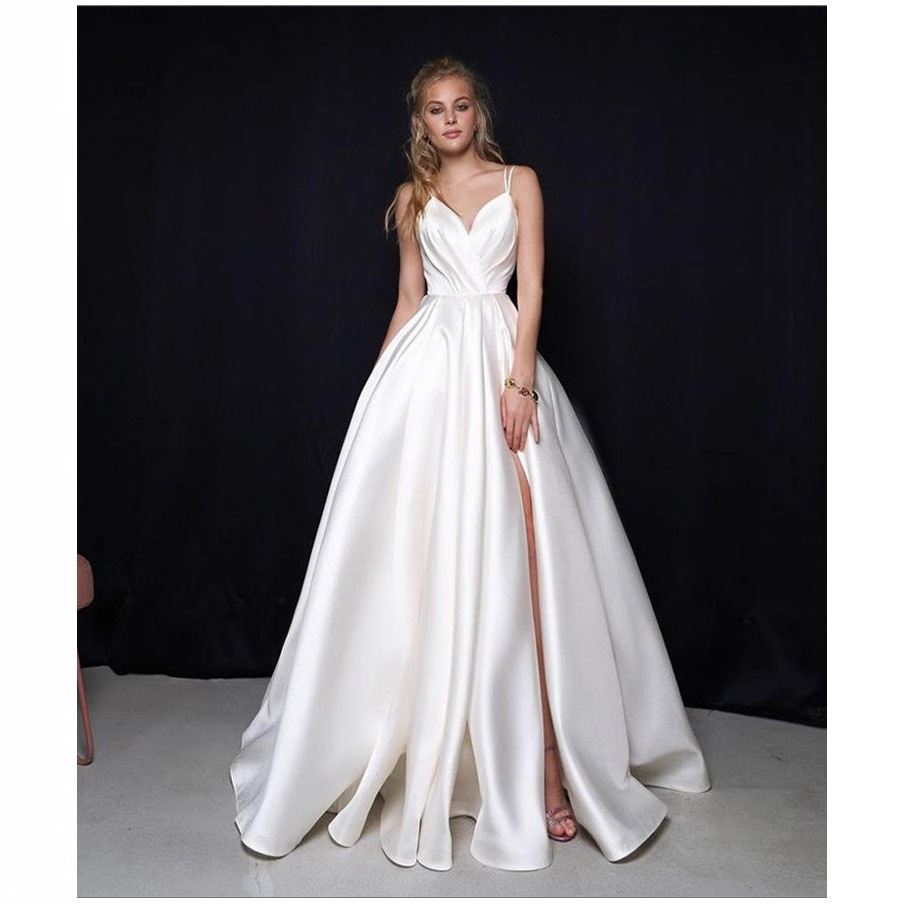 Foreign Trade European and American 2026 New Satin Light Wedding Dress Aliexpress Wedding Small Train Sexy Banquet Off-Shoulder Evening Dress
