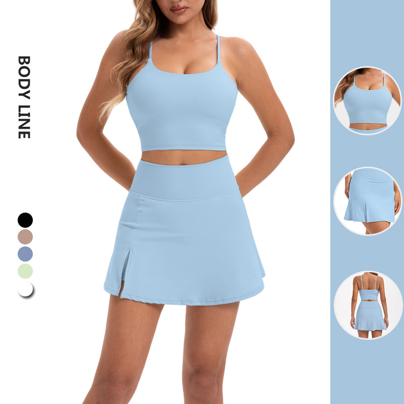 Cross-border High-elastic All-match Fitness Sports Skirt Two-piece Set Summer Naked Tight Sling Sling Beautiful Back Tennis Skirt suit