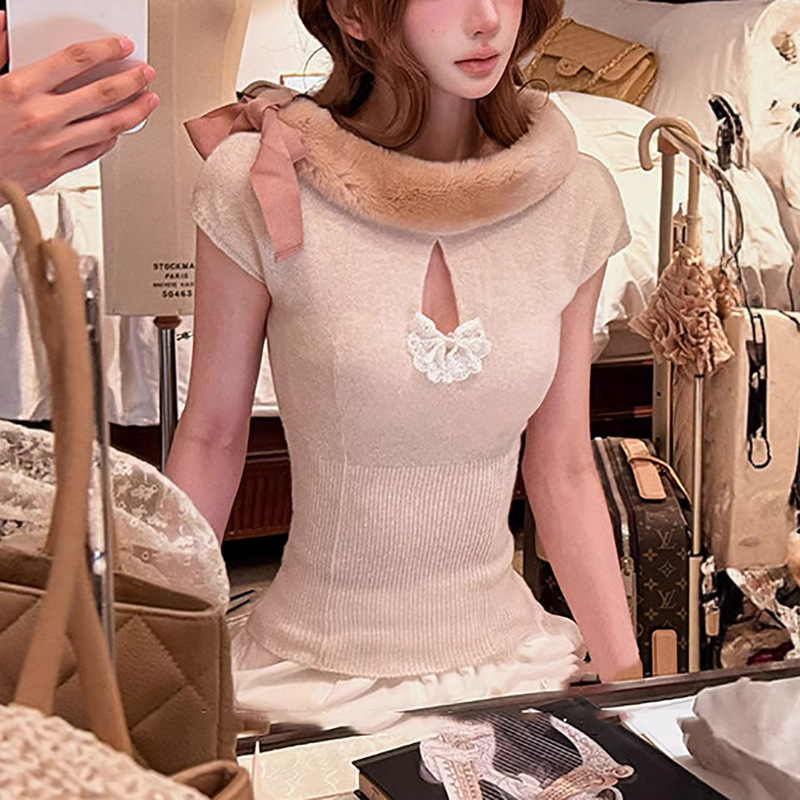 Elegant Girl-Style Sisters' Matching Silk Lace Slim-Fit Knit Top