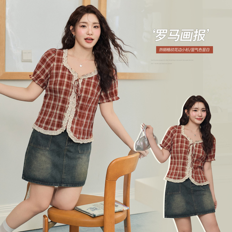 Retro Plaid Lace Puff Short-Sleeved Shirt for Women Plus Size Fat mm Square Collar Covering the Flesh and Slimming Look Top 63833