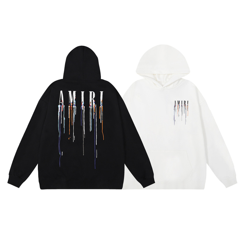 2024 autumn and winter new AMI hand-painted splash ink graffiti flow paint letter logo printing hooded sweater for men and women