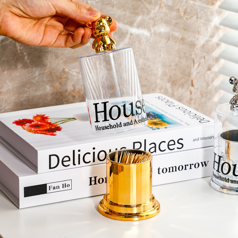 Caja de palillo de dientes de lujo ligero hogar de gama alta personalizado oso creativo titular de palillo de dientes caja de seda avanzada caja de almacenamiento de hisopo de algodón comercial