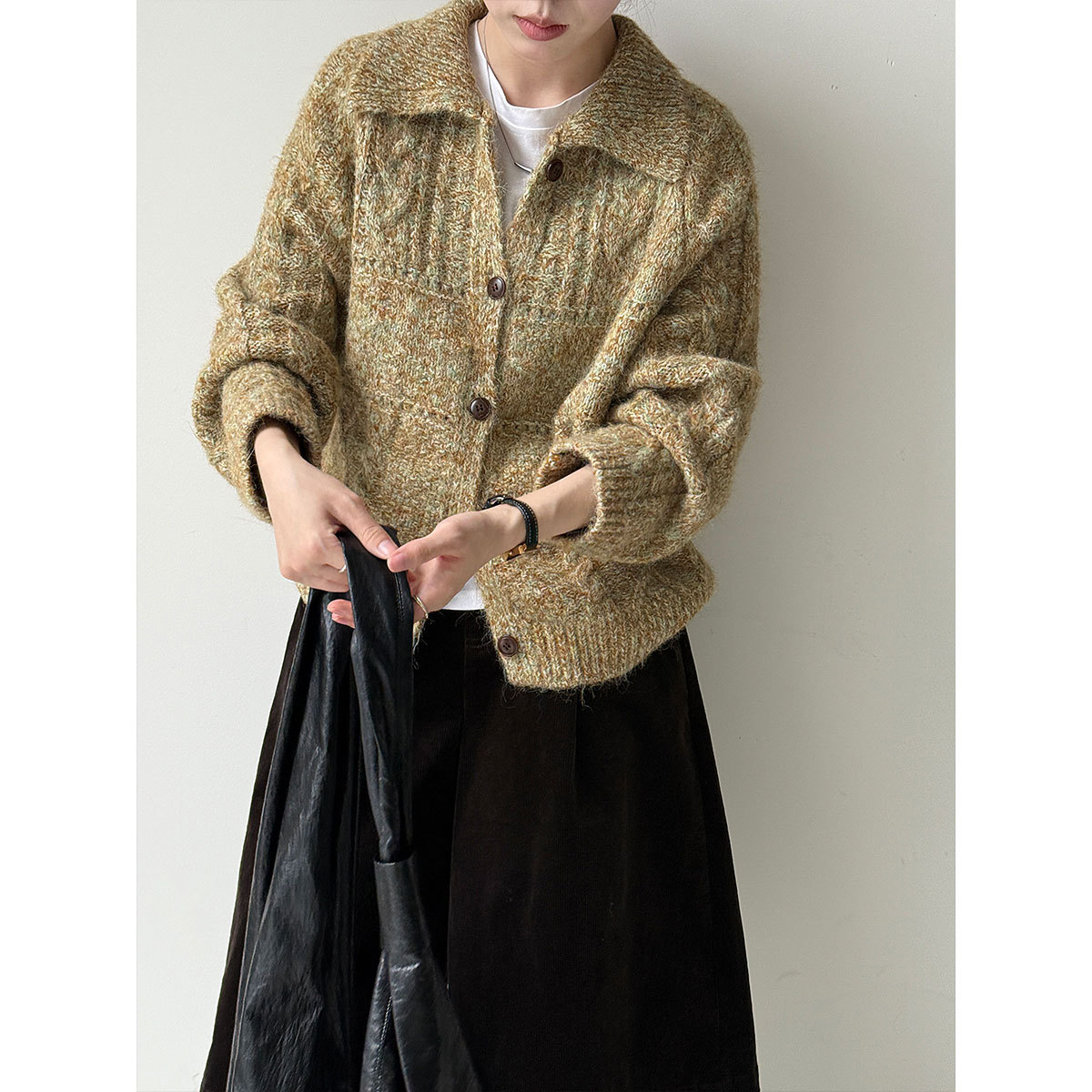 鹿西 大翻领复古设计花色混线针织开衫女秋新款休闲长袖外套ss875