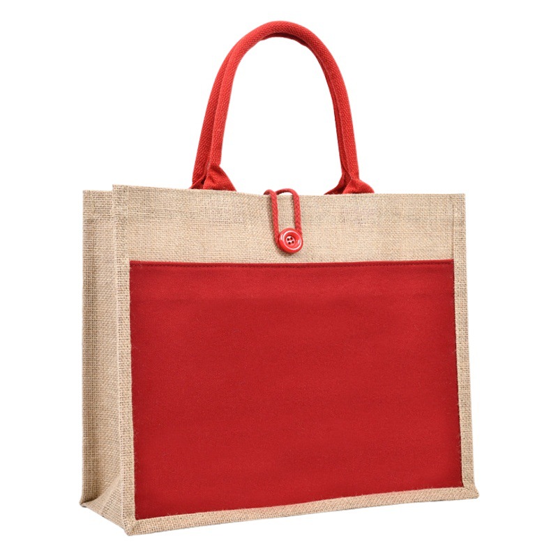 En stock ins estilo botón Portátil Bolsa de lino de gran capacidad impermeable bolsa exterior de Velcro Bolsa De yute al por mayor